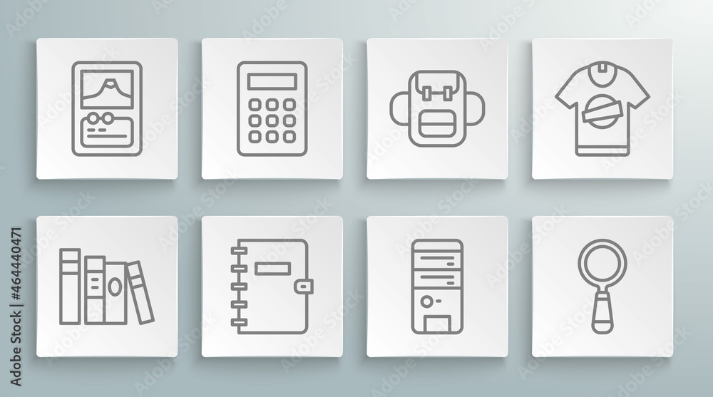 Set line Book, Calculator, Spiral notebook, Computer, Magnifying glass, School backpack, T-shirt and Card game icon. Vector Set line Book, Calculator, Spiral notebook, Computer, Magnifying glass, School backpack, T-shirt and Card game icon. Vector