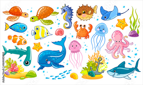 Set of sea. Underwater world vector drawn illustration in children's cartoon style. Cute marine animals and fish isolated on a white background, clipart.