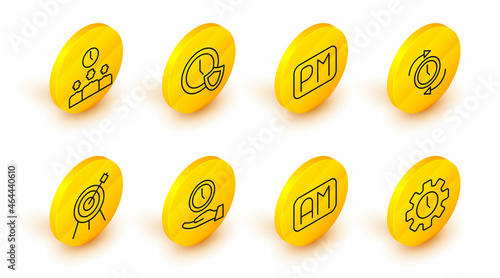 Set line Time Management, Morning time, Clock, Target sport, with arrow, Day, shield and icon. Vector