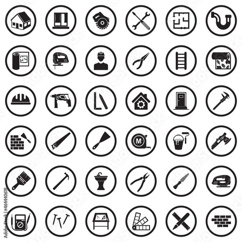 Home Repair Icons. Black Flat Design In Circle. Vector Illustration.