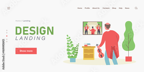 Old violinist watching musical performance on TV. Elder with violin, musicians playing instruments flat vector illustration. Music, nostalgia concept for banner, website design or landing web page