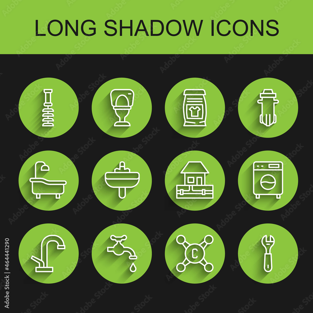 Set line Water tap, Toilet brush, Wrench spanner, Washbasin, Washer and supply pipes icon. Vector Set line Water tap, Toilet brush, Wrench spanner, Washbasin, Washer and supply pipes icon. Vector