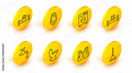 Set line Rubber plunger, gloves, Toilet bowl, Water tap, Industry pipe and manometer, Washer, urinal or pissoir and valve icon. Vector