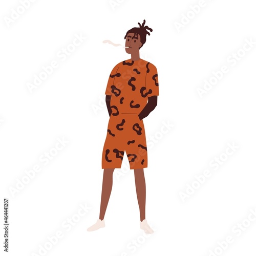 Black man smoking with cigarette in mouth. Modern African-American guy standing in casual summer clothes. Male portrait in trendy outfit. Flat vector illustration isolated on white background