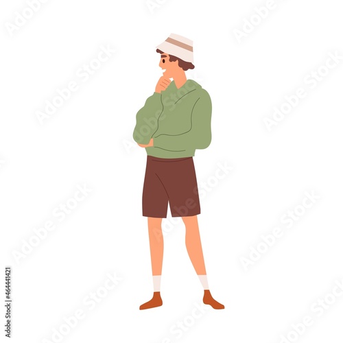 Young modern man in trendy casual clothes. Teenager wearing fashion panama hat, hoody and shorts. Summer outfit. Colored flat vector illustration isolated on white background