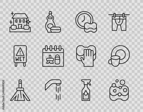 Set line Handle broom, Sponge, Washing dishes, Shower head, Home cleaning service, Cleaning calendar, spray bottle and icon. Vector