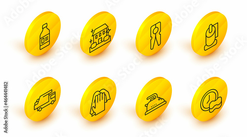 Set line Washing dishes, Electric iron, Cleaning service, Garbage truck, Toilet paper roll, Clothes pin, Home cleaning and Bottle for agent icon. Vector