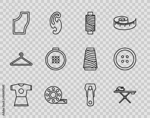 Set line Woman dress, Electric iron and ironing board, Sewing thread spool, Tape measure, Pattern, Round adjustable embroidery hoop, Zipper and button for clothes icon. Vector