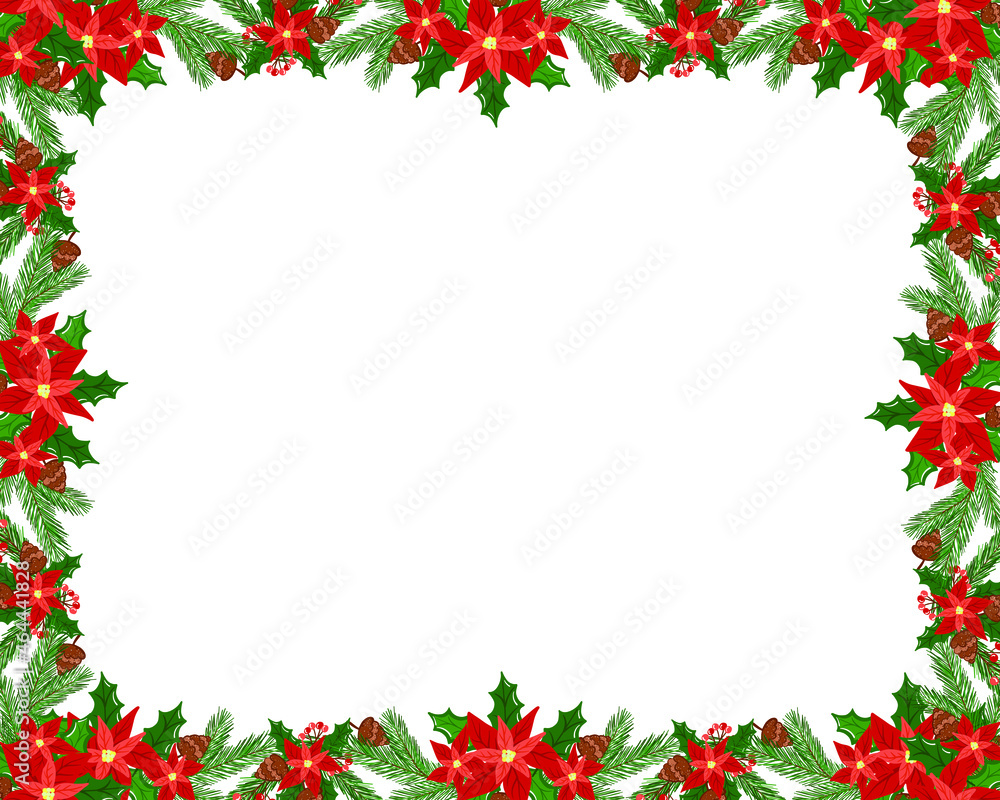 vector hand drawn rectangolar christmas wreath for invitations, greetings, card and other ideas. poinsettia, pine cones and pine branches, green leaves and red berries vector illustration. vector hand drawn rectangolar christmas wreath for invitations, greetings, card and other ideas. poinsettia, pine cones and pine branches, green leaves and red berries vector illustration.