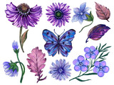 Classic blue purple flower botanical bouquet plant dry leaves and butterfly Trendy fall winter element cozy collection