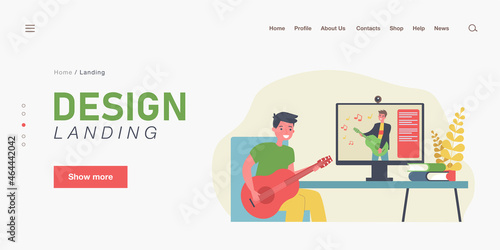 Cartoon young man learning playing guitar online. Flat vector illustration..Young man watching musical lessons on guitar play in Internet. Hobby, music, modern technology concept for banner design