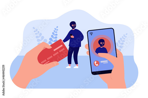 Thief in mask stealing money from credit card. Hand making video call to robber via mobile phone flat vector illustration. Online theft, fraud concept for banner, website design or landing web page