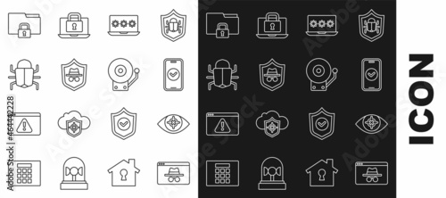 Set line Browser incognito window, Eye scan, Smartphone, Laptop with password, Incognito mode, System bug, Folder and lock and Ringing alarm bell icon. Vector