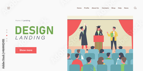 Graduation ceremony flat vector illustration. Cartoon students in academic dress, cap and gown, graduating from university, receiving education document. Graduation, education, ceremony concept