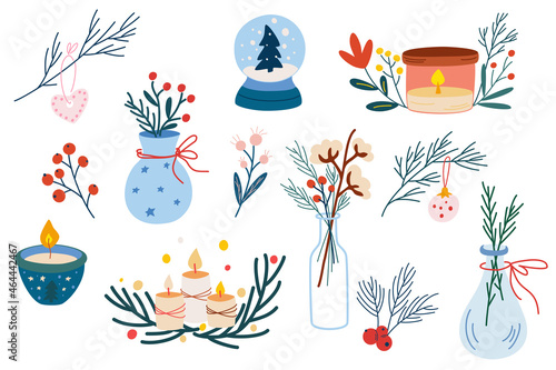 Christmas Home Decor set. Hand drawn elements of Vases with winter flowers and twigs, berries, candles, Christmas toys. Cozy winter time. Cartoon vector illustration.