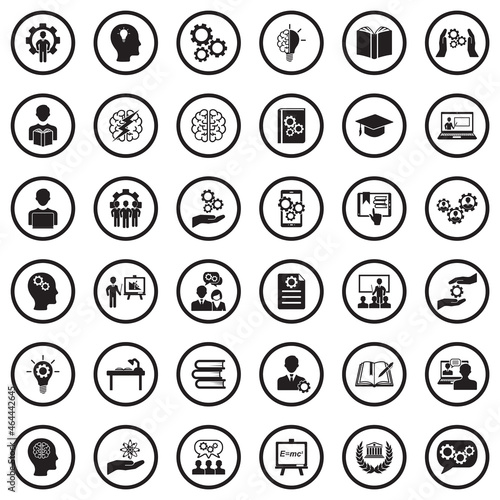 Knowledge And Thinking Icons. Black Flat Design In Circle. Vector Illustration.