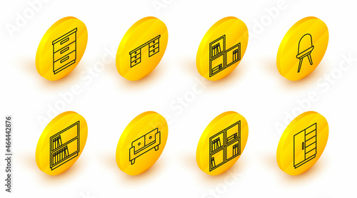 Set line Wardrobe, Shelf with books, Sofa, Library bookshelf, Chair, Office desk and Furniture nightstand icon. Vector