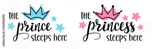 The Prince, Princess sleeps here handwritten lettering set. Phrases and emblems for baby stuff, nursery design, postcards, banners, posters, mug, scrapbooking, pillow case, photobook and clothes.