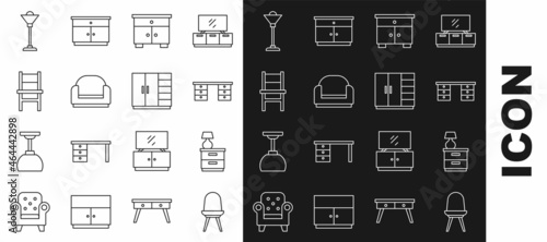 Set line Chair, Furniture nightstand with lamp, Office desk, Armchair, Floor and Wardrobe icon. Vector