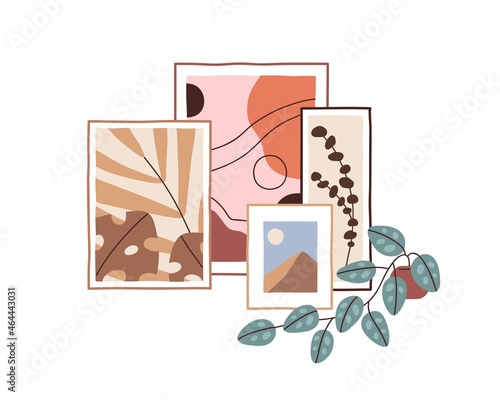 Framed pictures and potted plant for interior design, home gallery. Abstract ...