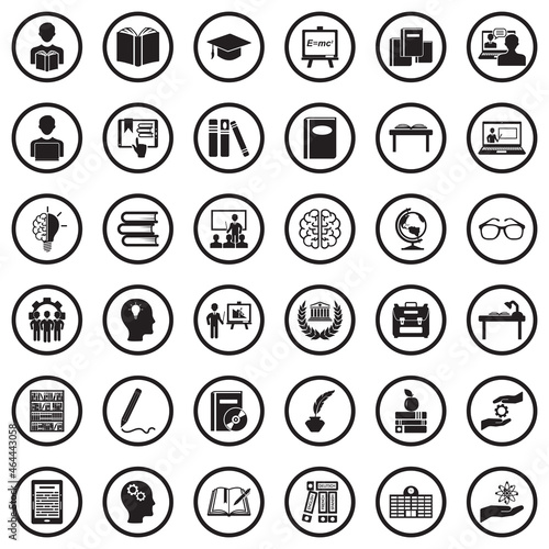 Learning Icons. Black Flat Design In Circle. Vector Illustration.
