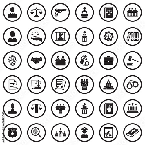 Law Icons. Black Flat Design In Circle. Vector Illustration.