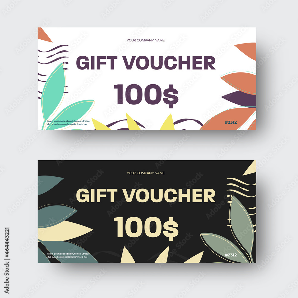 Vector gift voucher template with tropical leaves, yellow, green, purple twigs around the edges, brand meth, illustration with abstract, linear elements.