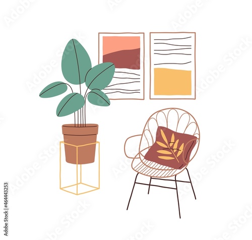 Interior design with armchair, potted plant and wall pictures. Cane chair with cushion, posters and houseplant. Home in minimalism style. Colored flat vector illustration isolated on white background