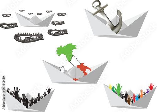 paper boat with Italy and immigration people hands