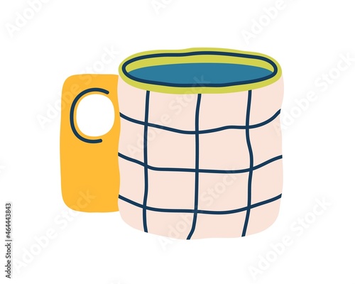 Modern tea mug with chequered pattern. Ceramic coffee cup with unusual handle. Cute teacup with decor. Stylish drink crockery in doodle style. Flat vector illustration isolated on white background