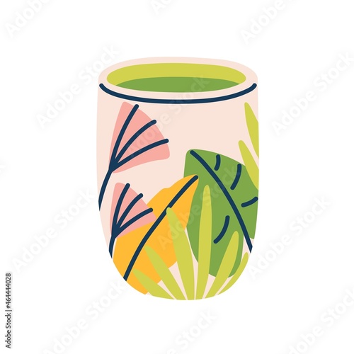 Modern tea mug with floral pattern. Ceramic coffee cup. Cute beaker with leav...