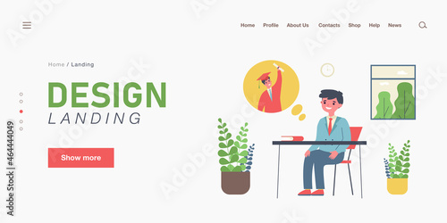 Pupil thinking of graduating from university. Boy in school uniform daydreaming in class flat vector illustration. School, graduation, education concept for banner, website design or landing web page