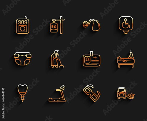 Set line Dental implant, Treadmill machine, Press the SOS button, Eyeglasses, Disabled car, Grandmother, Patient with broken leg and Identification badge icon. Vector