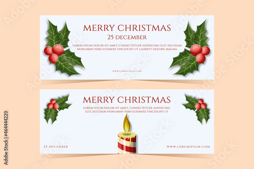 Social media banner with mistletoe ornaments and Christmas candles. Suitable for posters, banners, Christmas cards, and other marketing purposes.
