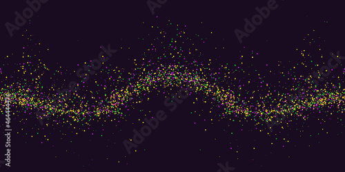 Seamless horizontal pattern beautiful geometric yellow, green, purple confetti on black background. Venetian carnival Mardi Gras party. Great for horizontal posters, header for website. Vector