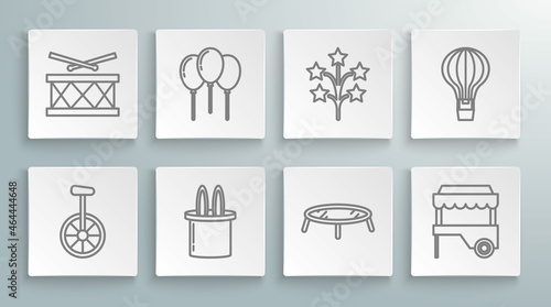 Set line Unicycle or one wheel bicycle, Magician hat and rabbit ears, Jumping trampoline, Fast street food cart awning, Fireworks, Hot air balloon and Drum drum sticks icon. Vector