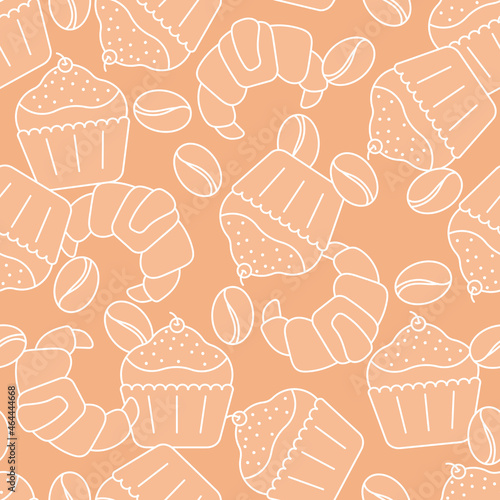Seamless pattern. Cupcakes croissants coffee beans . Vector background for fabric, packaging and other surfaces. Bakery, cafe, restaurant, shops.