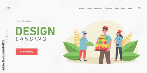 Happy confectioner holding big cake. Smiling cook finishing order, proud colleagues flat vector illustration. Cooking, cafe, restaurant concept for banner, website design or landing web page