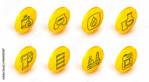 Set line Canister for motor oil, Oil platform in the sea, Barrel, Petrol gas station, petrol test tube, Fire flame, Spare wheel car and Propane tank icon. Vector