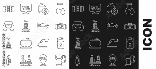 Set line Petrol or gas station, Barrel oil, Metallic pipes and valve, Propane tank, Oil rig, Spare wheel in the car, and tanker ship icon. Vector