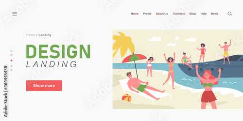 Group of young people enjoying party at seaside. Cartoon vector illustration. Men and women in swimsuits chilling on yacht and summer beach. Sea resort, vacation, summer, party concept