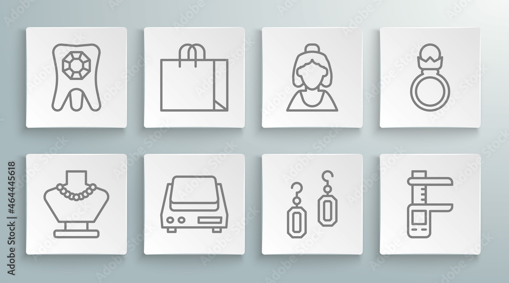 Set line Necklace on mannequin, Shopping bag jewelry, Electronic scales, Earrings, Calliper or caliper and, Consultant of store, Diamond engagement and Tooth with diamond icon. Vector