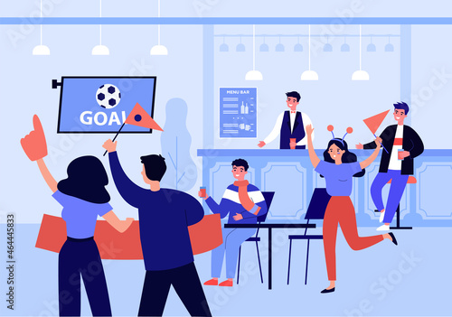 Football fans celebrating goal in bar with beer. Happy people watching soccer match on TV flat vector illustration. Sport, celebration of victory concept for banner, website design or landing web page