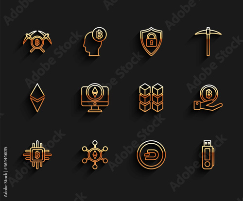 Set line CPU mining farm, Blockchain technology Ethereum ETH, Crossed pickaxe, Cryptocurrency coin Dash, USB flash drive, Monitor and, Hand holding Bitcoin and icon. Vector