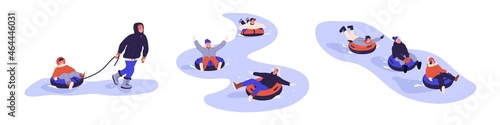 People riding tubings down hill in snow. Happy families, adults and kids having fun, sliding on slopes on winter holidays. Wintertime leisure. Flat vector illustrations isolated on white background