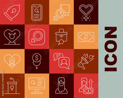 Set line Money growth woman, Feminist activist, Book about women, Male gender, Gender, Condom and Work for female icon. Vector