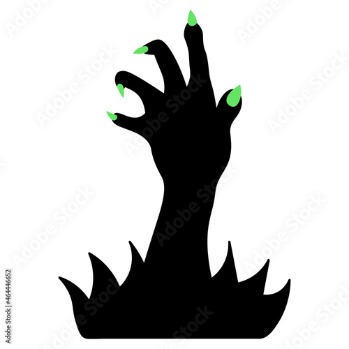 Silhouette of a paw with green claws. The dead man's hand is selected from the thicket of grass. Gnarled fingers with sharp nails. The ominous zombie palm made its way to the surface. Vector 