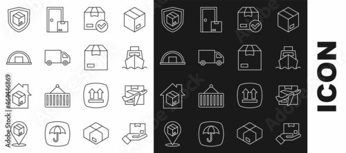 Set line Delivery hand with box, Plane cardboard, Cargo ship boxes delivery, ackage check mark, cargo truck, Warehouse, security shield and Carton icon. Vector