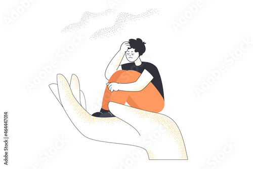 Support from counselor for tiny patient sitting in palm of hand. Psychologist counseling man in grief and sorrow flat vector illustration. Psychological help, mental health therapy, psychology concept photo