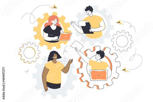 People working in dedicated team of strong professionals. Joint efforts, effective teamwork of characters inside gears flat vector illustration. IT business model, workflow optimization concept photo